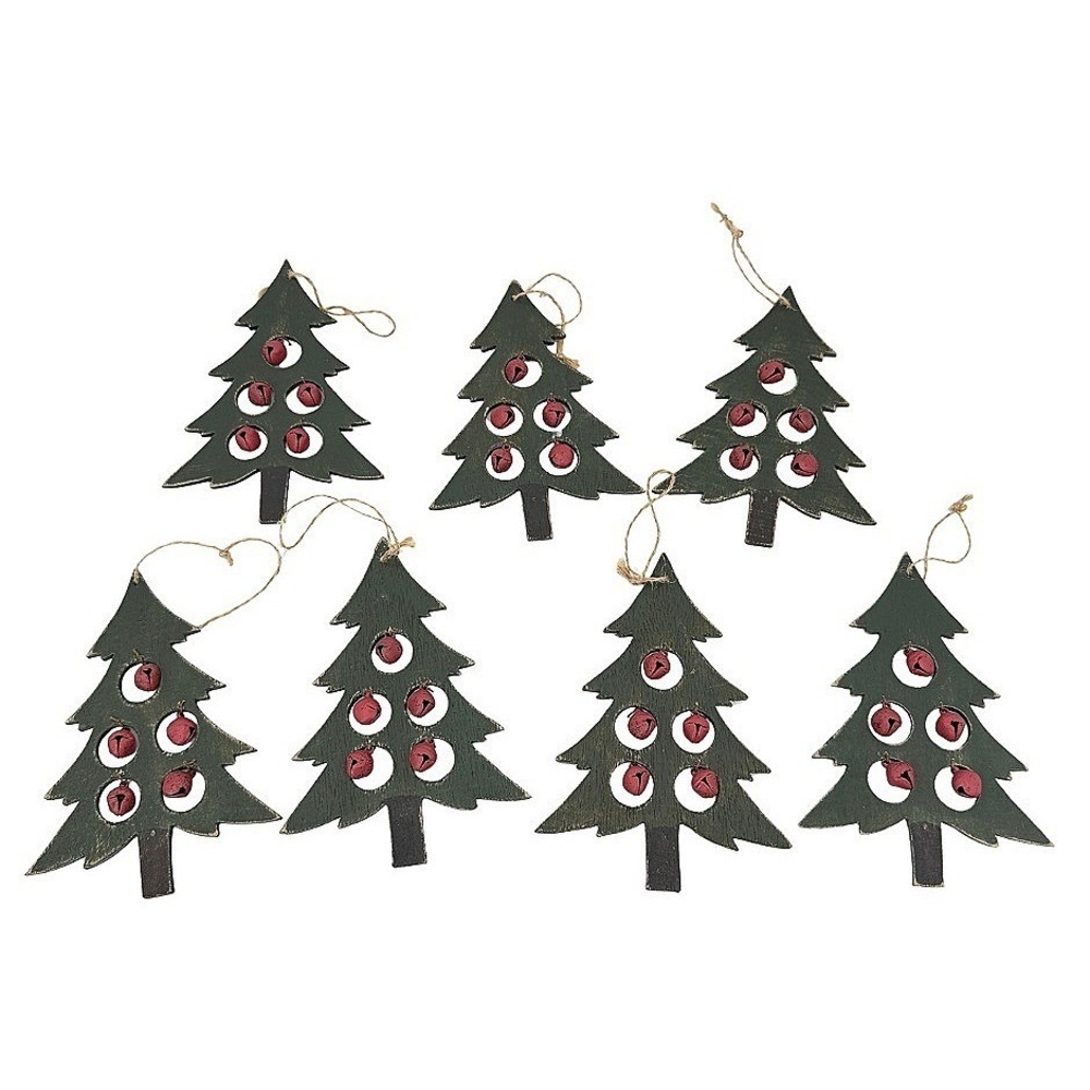 Christmas Tree Shaped Ornaments Wooden Red Jingle Bells Set of 7 Rustic Decor